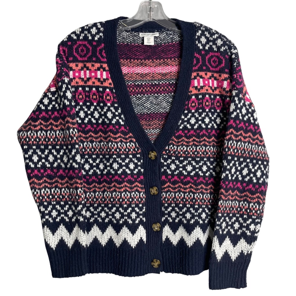 Cupcakes And Cashmere Fair Isle Cardigan Sweater Womens S Blue Pink Preppy‎ Boho